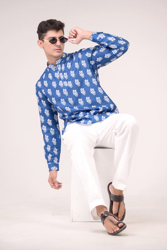 Royal Blue Printed Linen blend Short Kurta