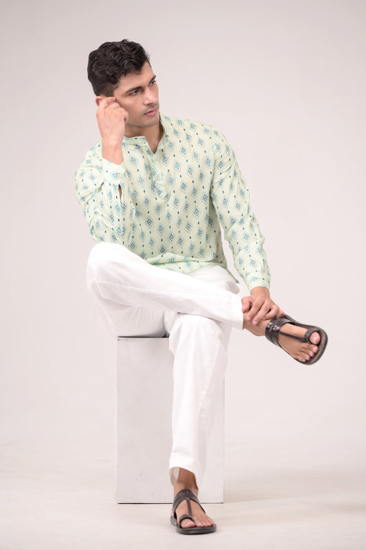 Mint Green Printed Linen blend Short Kurta