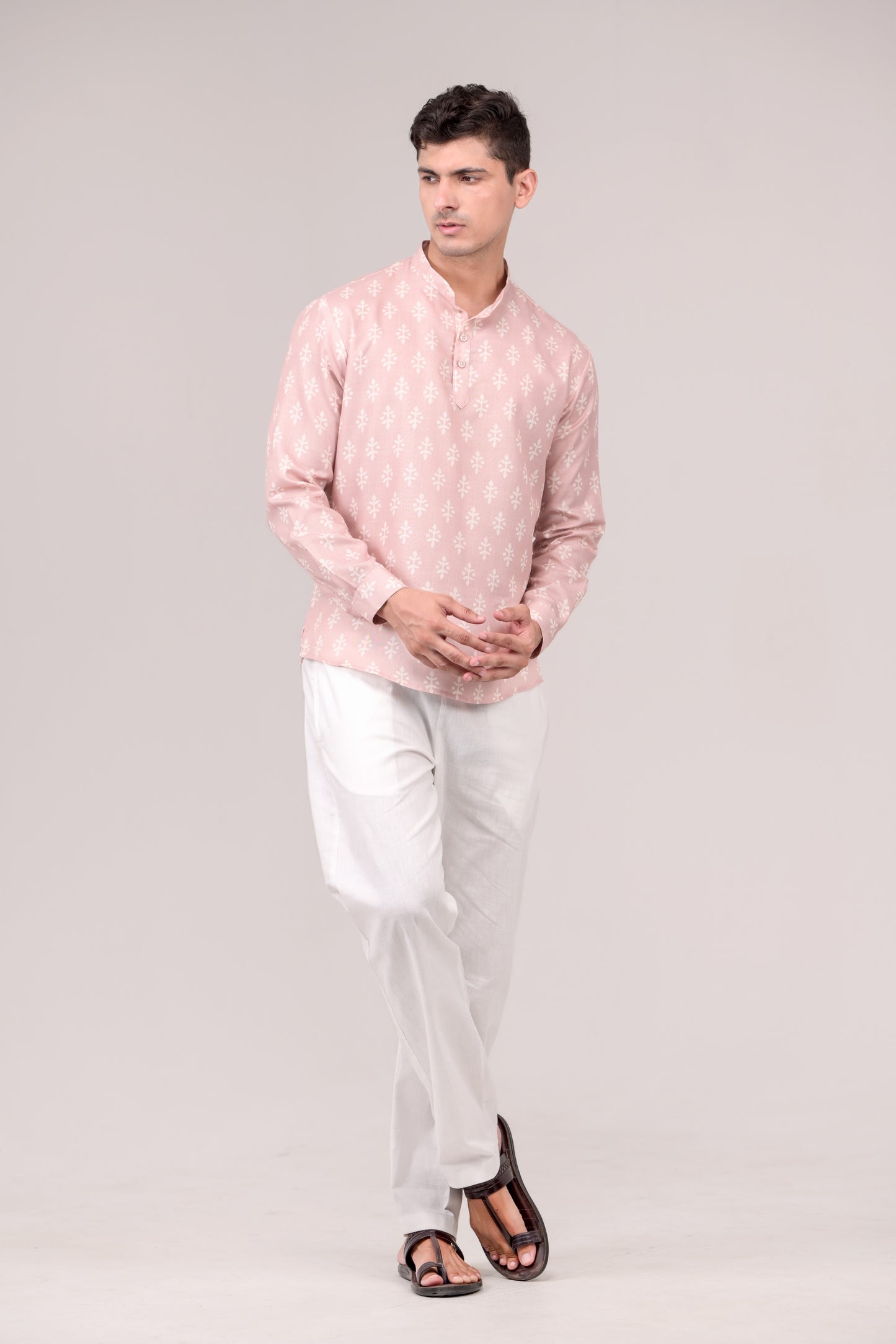 Blush Pink Printed Linen blend Short Kurta
