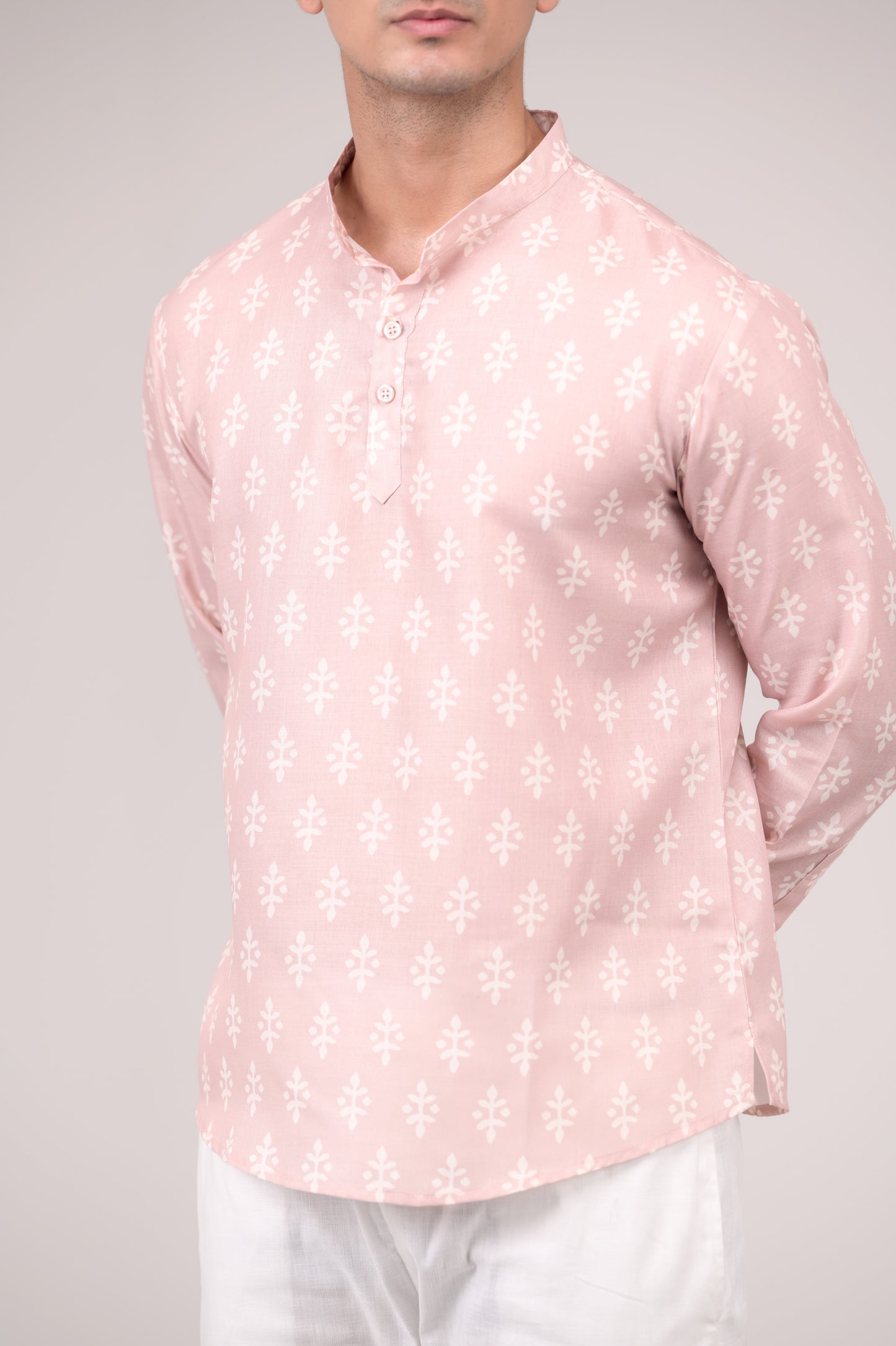 Blush Pink Printed Linen blend Short Kurta