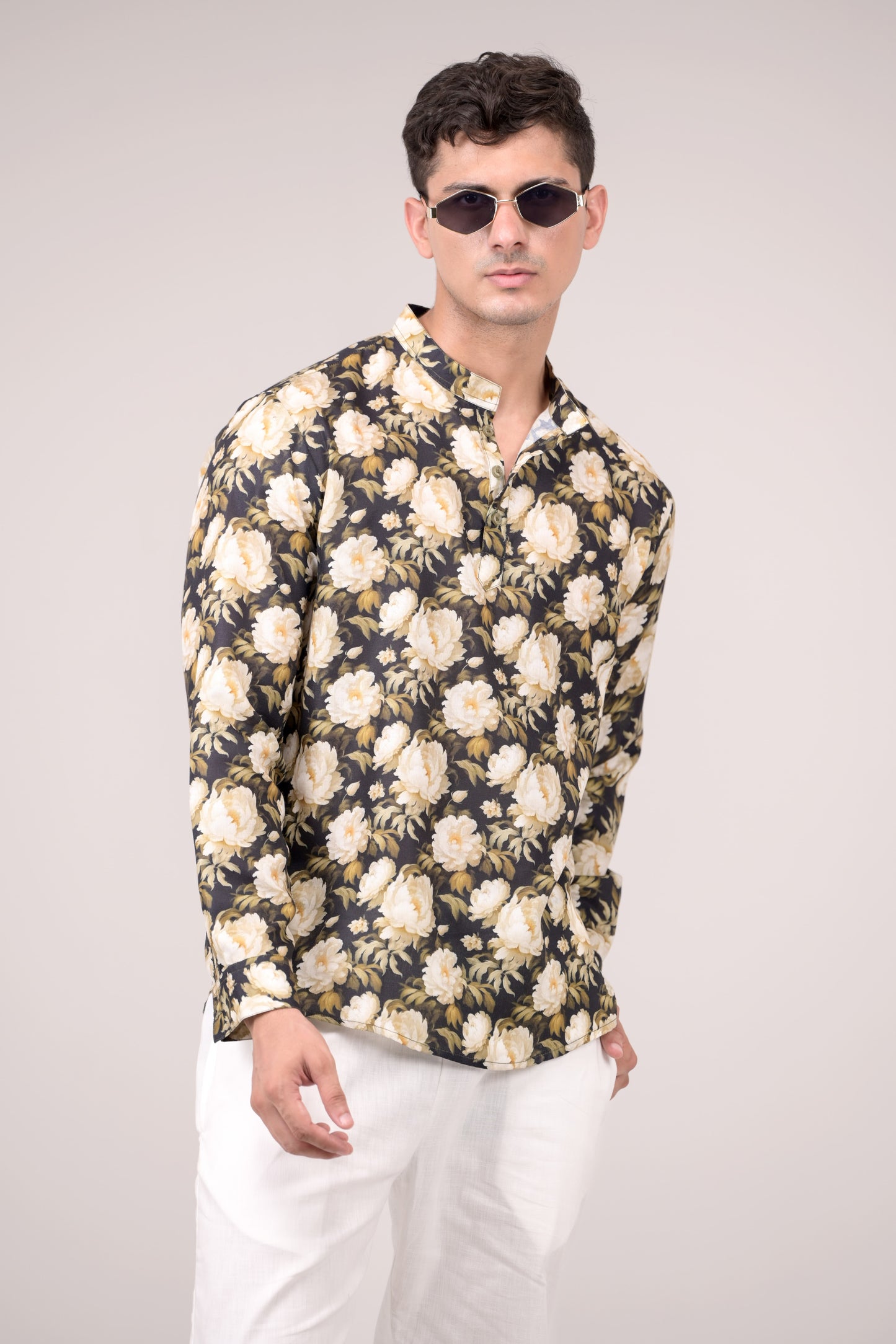 Black Floral Printed Linen blend Short Kurta