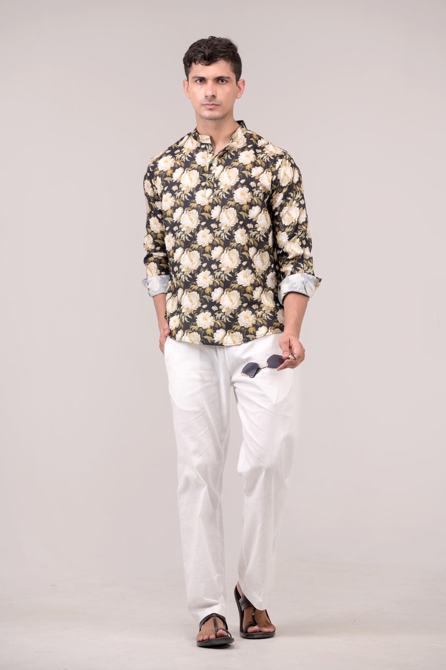 Black Floral Printed Linen blend Short Kurta