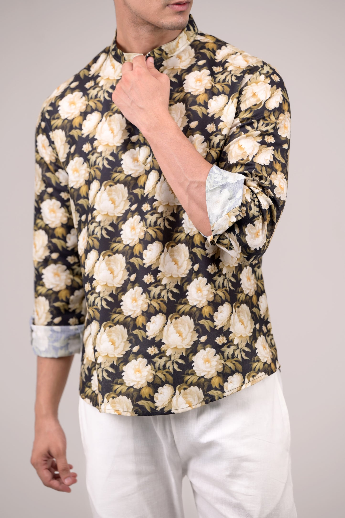 Black Floral Printed Linen blend Short Kurta